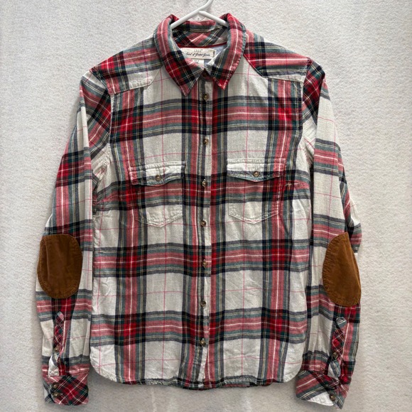L.O.G.G. Label of Graded Goods Tops - LOGG H&M Womens 8 Red Plaid Flannel Button Down Shirt Corduroy Patches Preppy